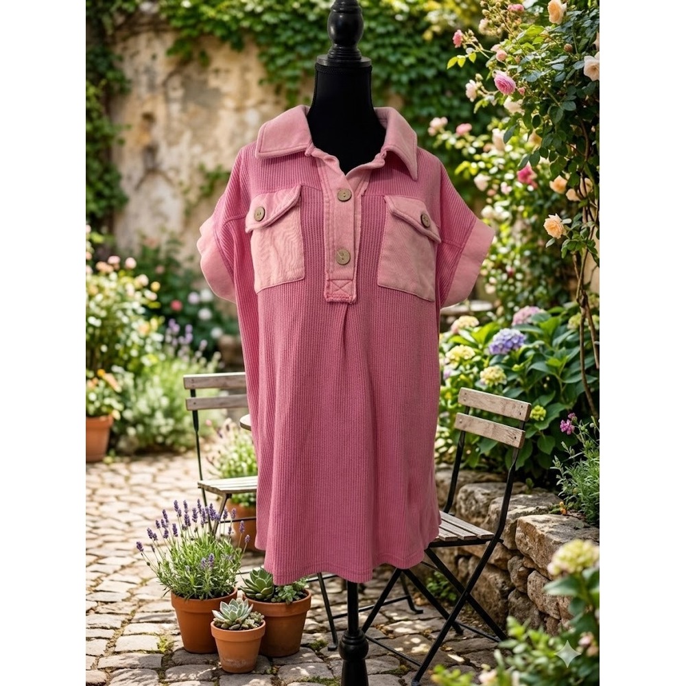 Oddi Pink Waffle Knit Short Sleeve Henley Top Oversized 2XL IT14757P